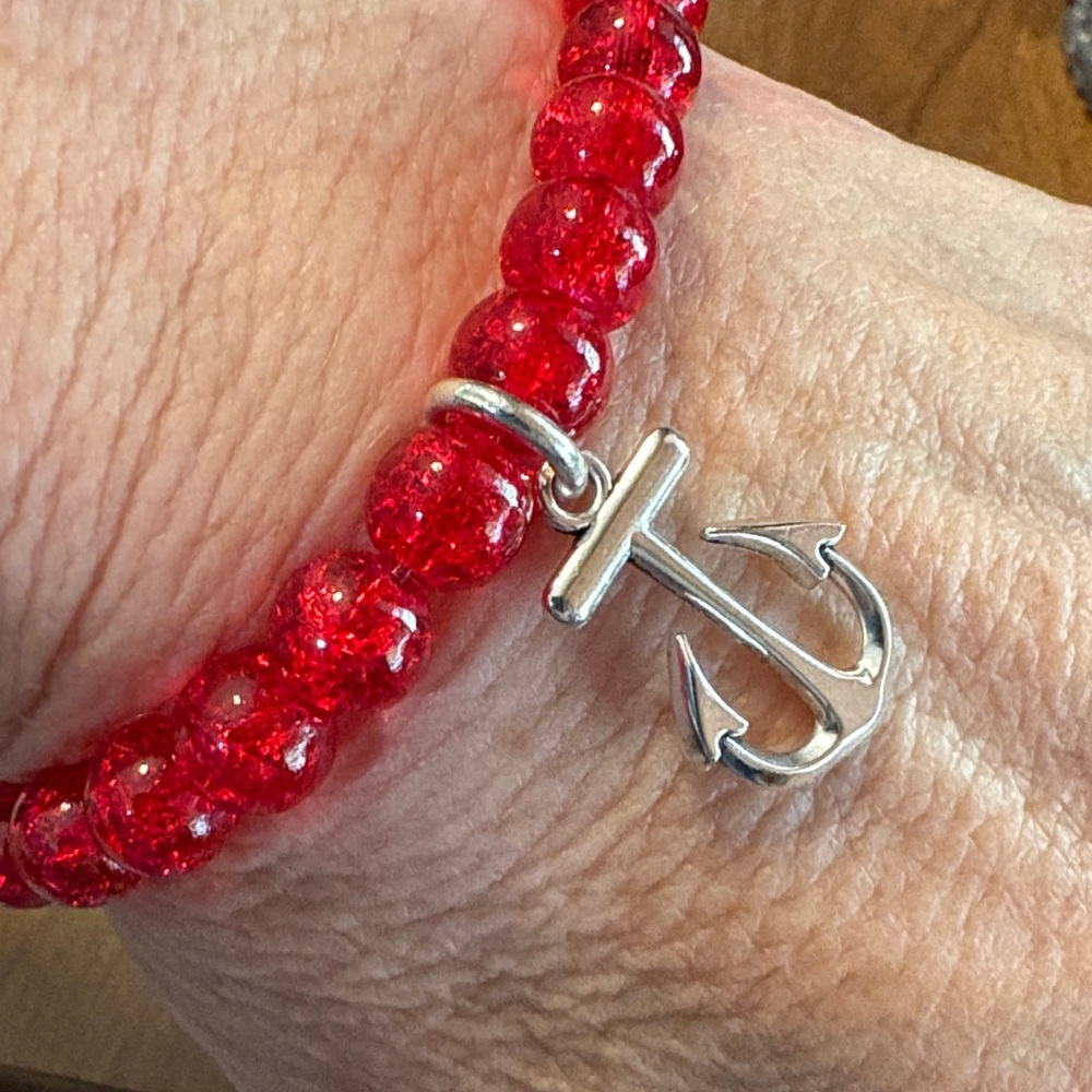 Red Beaded Bracelet with Silver Anchor Charm
